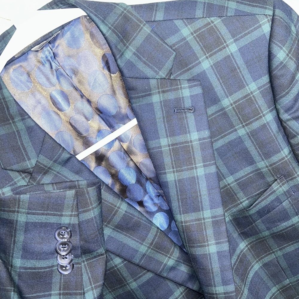 Indochino Made For You Wool cashmere Green Blue window  Blazer Sport Jacket XL